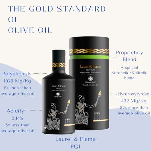Worlds Best Gold Award   Laurel & Flame Olympia PGI Premium Olive Oil Extra Virgin   Polyphenol Rich  1029 mg/kg    USDA Organic   Multiple Award Winning   85X Hydroxytyrosols   Early Harvest   Cold Pressed  500 ml/16 9 fl oz 