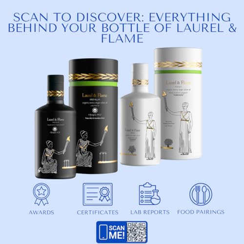 Worlds Best Gold Award   Laurel & Flame Olympia PGI Premium Olive Oil Extra Virgin   Polyphenol Rich  1029 mg/kg    USDA Organic   Multiple Award Winning   85X Hydroxytyrosols   Early Harvest   Cold Pressed  500 ml/16 9 fl oz 