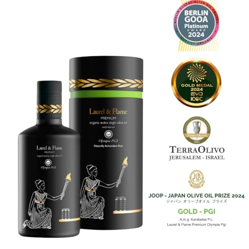 Worlds Best Gold Award   Laurel & Flame Olympia PGI Premium Olive Oil Extra Virgin   Polyphenol Rich  1029 mg/kg    USDA Organic   Multiple Award Winning   85X Hydroxytyrosols   Early Harvest   Cold Pressed  500 ml/16 9 fl oz 