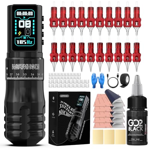 Wormhole Tattoo Gun Aluminum Alloy Wireless Tattoo Kit Adjustable Tattoo Pen Rotary Gun Set Complete Tattoo Kit for Professional Tattoo Artists and Beginners   Portable/Compact   Black