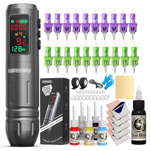 Wormhole Tattoo Kit 77PCS Wireless Tattoo Gun Kit with 1 600 mAh Capacity Battery  20PCS Tattoo Needles with Finger Ledge  Complete Tattoo Machine Kit Smart Tattoo Pen for Tattooists WTK317