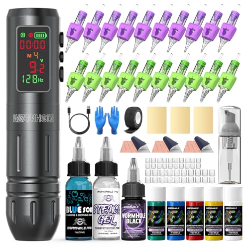 Wormhole Tattoo Kit 77PCS Wireless Tattoo Gun Kit with 1 600 mAh Capacity Battery  20PCS Tattoo Needles with Finger Ledge  Complete Tattoo Machine Kit Smart Tattoo Pen for Tattooists WTK317