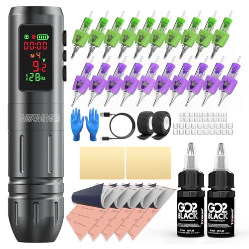 Wormhole Tattoo Kit 77PCS Wireless Tattoo Gun Kit with 1 600 mAh Capacity Battery  20PCS Tattoo Needles with Finger Ledge  Complete Tattoo Machine Kit Smart Tattoo Pen for Tattooists WTK317