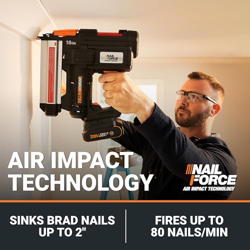 Worx Nitro 20V 18GA Cordless Brad Nailer  Cordless Nail Gun  Nail Gun Battery Powered  Up to 2 Inch  Tool Free Jam Release  Trimming & Molding  Baseboard WX842L PowerShare   Battery  Charger Included
