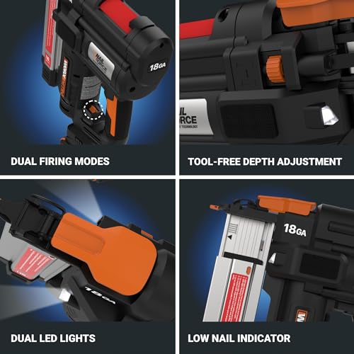 Worx Nitro 20V 18GA Cordless Brad Nailer  Cordless Nail Gun  Nail Gun Battery Powered  Up to 2 Inch  Tool Free Jam Release  Trimming & Molding  Baseboard WX842L PowerShare   Battery  Charger Included