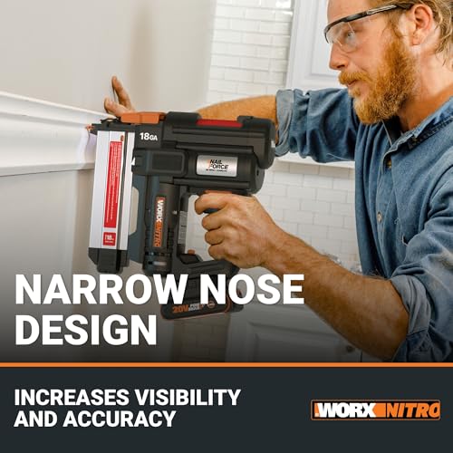 Worx Nitro 20V 18GA Cordless Brad Nailer  Cordless Nail Gun  Nail Gun Battery Powered  Up to 2 Inch  Tool Free Jam Release  Trimming & Molding  Baseboard WX842L PowerShare   Battery  Charger Included