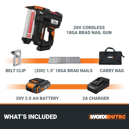 Worx Nitro 20V 18GA Cordless Brad Nailer  Cordless Nail Gun  Nail Gun Battery Powered  Up to 2 Inch  Tool Free Jam Release  Trimming & Molding  Baseboard WX842L PowerShare   Battery  Charger Included