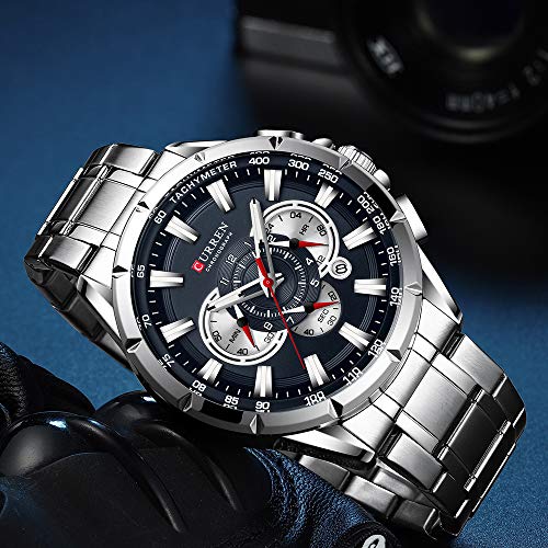 Wrist Watch Men Waterproof Chronograph Military Army Stainless Steel Male Clock Man Sport Watches 8363  Silver Blue 