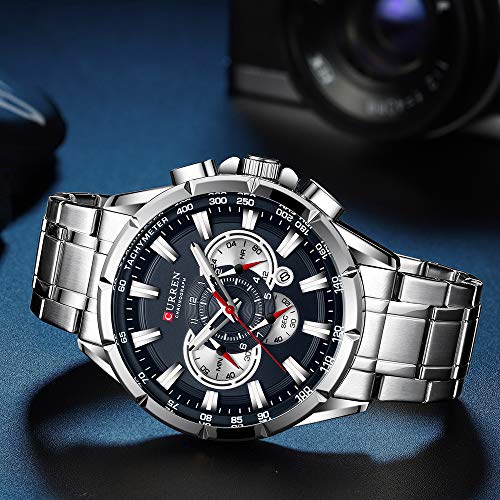 Wrist Watch Men Waterproof Chronograph Military Army Stainless Steel Male Clock Man Sport Watches 8363  Silver Blue 