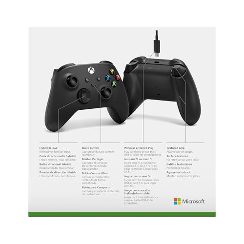 XBOX Wireless Gaming Controller   USB C Cable   Carbon Black   Console  PC  & Cloud Devices   Textured Grip   Wireless  Bluetooth  USB C Connectivity
