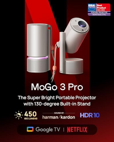 XGIMI MoGo 3 Pro NEW Portable Projector  Google TV with Licensed Netflix  Build in Adjustable Stand  Mini Projector Supports Power Banks  450 ISO Lumens  ISA 2 0  2 x 5W Harman Kardon