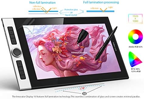 XPPen Innovator 16 Pen Display 15 6 Inch Drawing Monitor Full Laminated Technology Graphics Monitor with Tilt Support Passive Pen and 8 Customizable Shortcut Keys Supports 92  Adobe RGB Color Gamut 