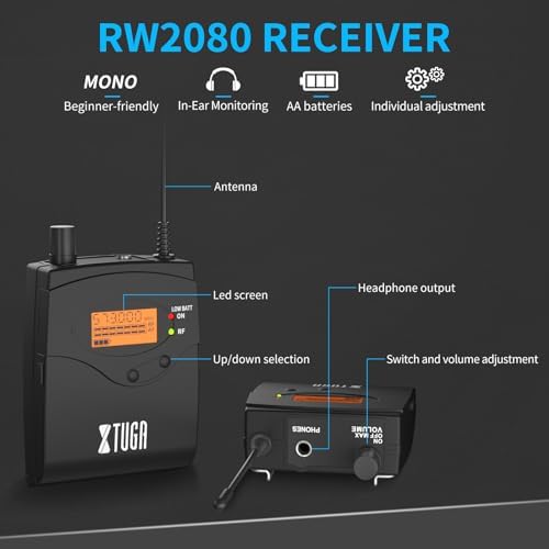 XTUGA RW2080 Wireless in Ear Monitor System  UHF Wireless IEM System  Mono Dual Channel Stage Monitors for Musicians Singers  4 Bodypacks with 40 Frequencies  300Ft for Band  Studio  902 928mhz 
