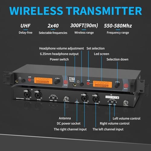 XTUGA RW2080 Wireless in Ear Monitor System  UHF Wireless IEM System  Mono Dual Channel Stage Monitors for Musicians Singers  4 Bodypacks with 40 Frequencies  300Ft for Band  Studio  902 928mhz 