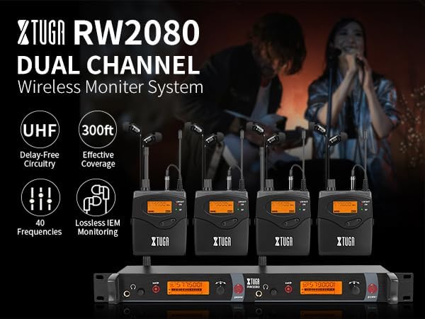 XTUGA RW2080 Wireless in Ear Monitor System  UHF Wireless IEM System  Mono Dual Channel Stage Monitors for Musicians Singers  4 Bodypacks with 40 Frequencies  300Ft for Band  Studio  902 928mhz 