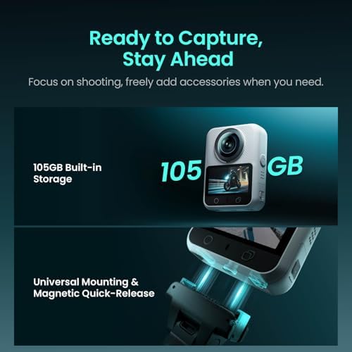 Xtra 360 Camera  8K Panoramic Video  1 Inch Sensor Equivalent  100MP High Resolution  Waterproof Action Camera  105GB Built in Storage  Bullet Time  Broad Compatibility  Vlog