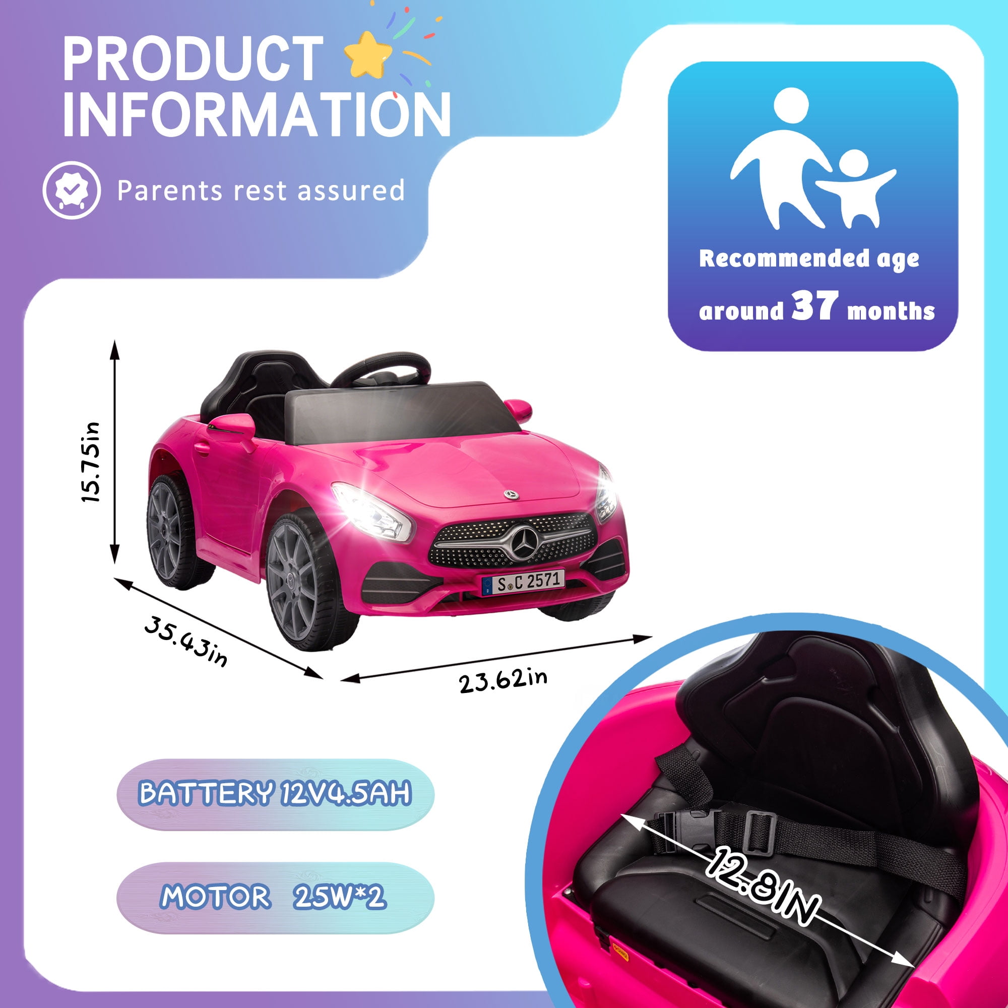 Xuanlur Licensed Benz CLS 350 12V Electric Ride on Toys with Parent Remote Control  Spring Suspension  Electric Car for Kids  Power Car Wheels with Bluetooth Music  LED Lights  Pink 