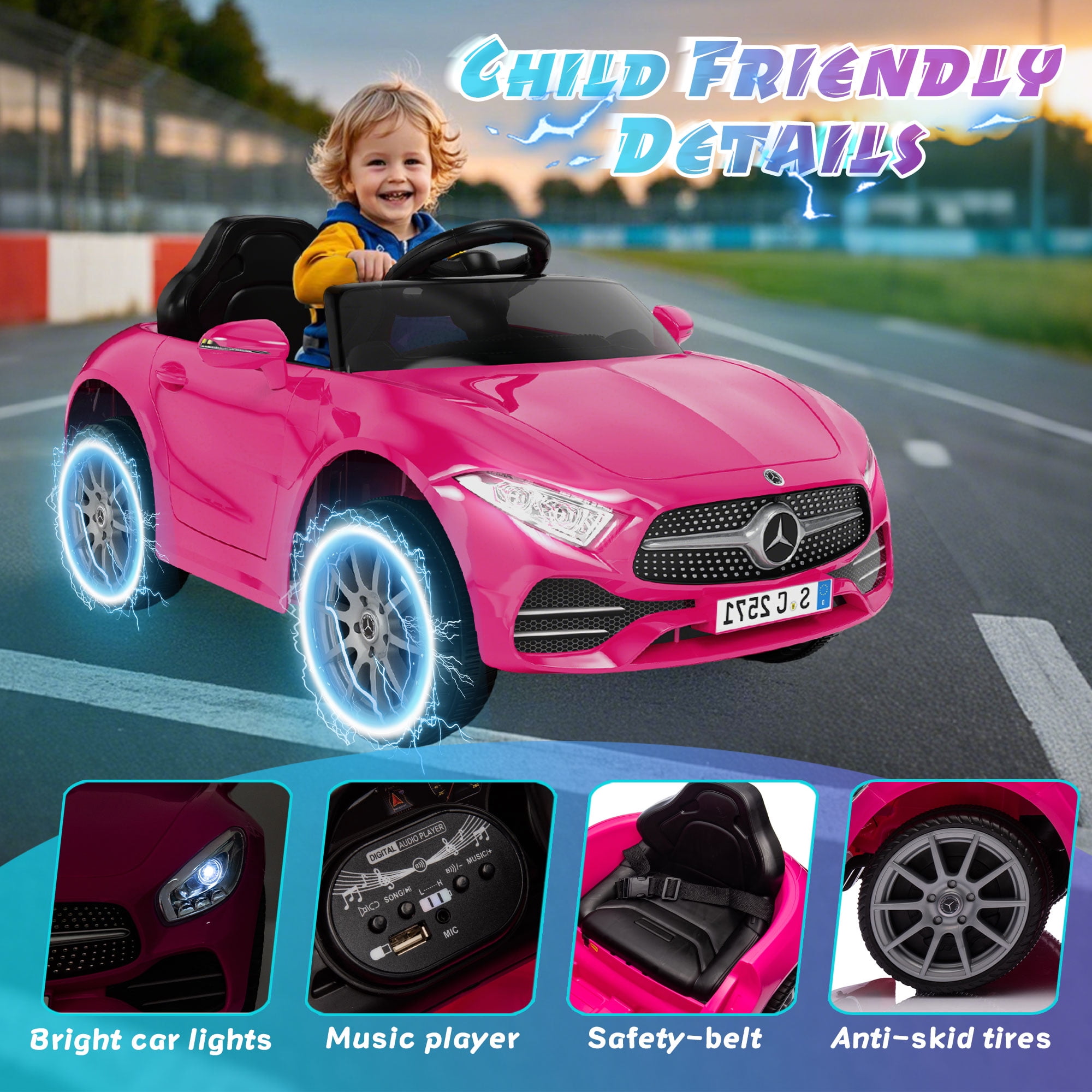 Xuanlur Licensed Benz CLS 350 12V Electric Ride on Toys with Parent Remote Control  Spring Suspension  Electric Car for Kids  Power Car Wheels with Bluetooth Music  LED Lights  Pink 