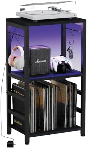 YAKANJ End Table with LED Light Record Player Stand with Albums Storage Vinyl Records Storage Turntable Stand Side Table for Music Room Studio Living Room Bedroom Modern Black