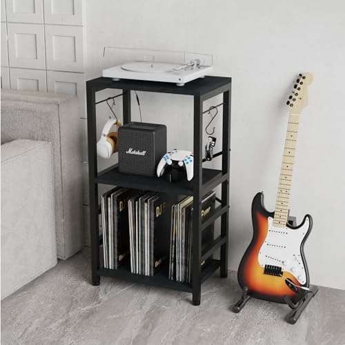 YAKANJ End Table with LED Light Record Player Stand with Albums Storage Vinyl Records Storage Turntable Stand Side Table for Music Room Studio Living Room Bedroom Modern Black