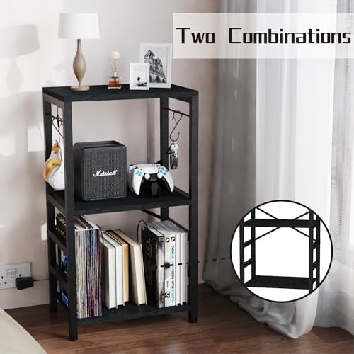 YAKANJ End Table with LED Light Record Player Stand with Albums Storage Vinyl Records Storage Turntable Stand Side Table for Music Room Studio Living Room Bedroom Modern Black