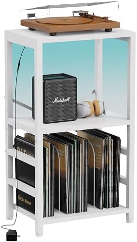 YAKANJ End Table with LED Light Record Player Stand with Albums Storage Vinyl Records Storage Turntable Stand Side Table for Music Room Studio Living Room Bedroom Modern Black