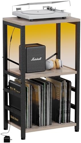 YAKANJ End Table with LED Light Record Player Stand with Albums Storage Vinyl Records Storage Turntable Stand Side Table for Music Room Studio Living Room Bedroom Modern Black