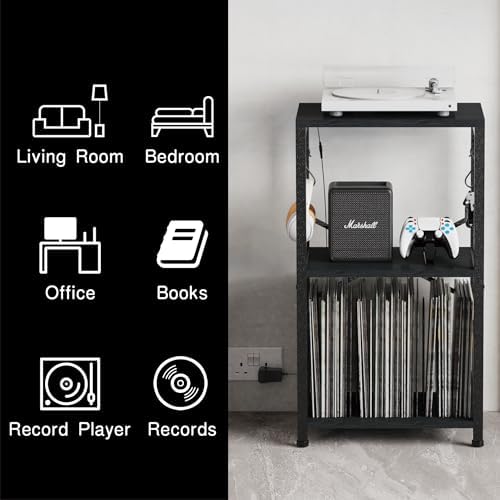 YAKANJ End Table with LED Light Record Player Stand with Albums Storage Vinyl Records Storage Turntable Stand Side Table for Music Room Studio Living Room Bedroom Modern Black
