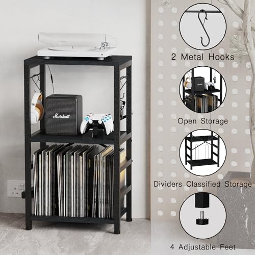 YAKANJ End Table with LED Light Record Player Stand with Albums Storage Vinyl Records Storage Turntable Stand Side Table for Music Room Studio Living Room Bedroom Modern Black