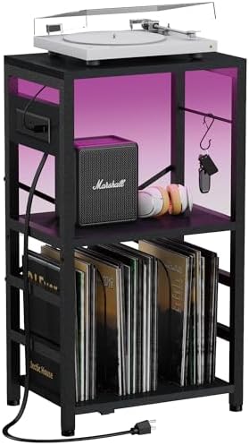 YAKANJ End Table with LED Light Record Player Stand with Albums Storage Vinyl Records Storage Turntable Stand Side Table for Music Room Studio Living Room Bedroom Modern Black