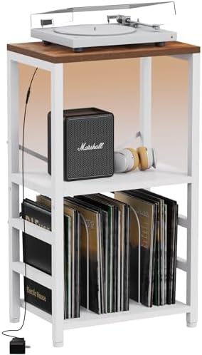 YAKANJ End Table with LED Light Record Player Stand with Albums Storage Vinyl Records Storage Turntable Stand Side Table for Music Room Studio Living Room Bedroom Modern Black