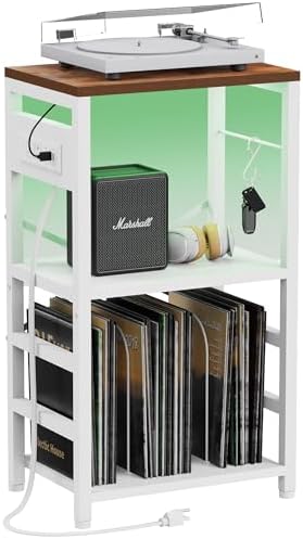 YAKANJ End Table with LED Light Record Player Stand with Albums Storage Vinyl Records Storage Turntable Stand Side Table for Music Room Studio Living Room Bedroom Modern Black