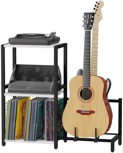 YAKANJ End Table with LED Light Record Player Stand with Albums Storage Vinyl Records Storage Turntable Stand Side Table for Music Room Studio Living Room Bedroom Modern Black