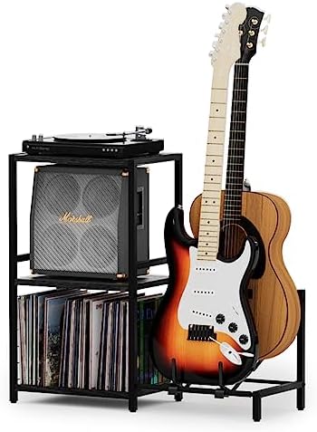 YAKANJ End Table with LED Light Record Player Stand with Albums Storage Vinyl Records Storage Turntable Stand Side Table for Music Room Studio Living Room Bedroom Modern Black