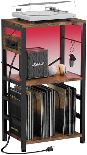 YAKANJ End Table with LED Light Record Player Stand with Albums Storage Vinyl Records Storage Turntable Stand Side Table for Music Room Studio Living Room Bedroom Modern Black