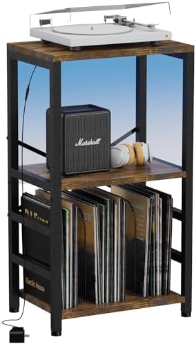 YAKANJ End Table with LED Light Record Player Stand with Albums Storage Vinyl Records Storage Turntable Stand Side Table for Music Room Studio Living Room Bedroom Modern Black