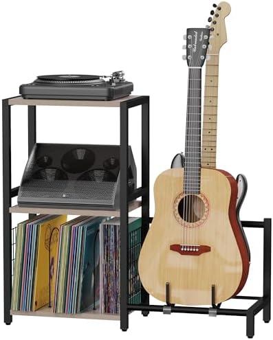 YAKANJ End Table with LED Light Record Player Stand with Albums Storage Vinyl Records Storage Turntable Stand Side Table for Music Room Studio Living Room Bedroom Modern Black
