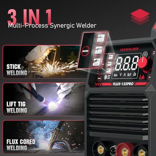 YESWELDER 135Amp MIG Welder 110V Flux Core Welder Flux Core MIG/Lift TIG/Stick 3 in 1 Large LED Digital Display Welding Machine IGBT Inverter Welder FLUX 135PRO