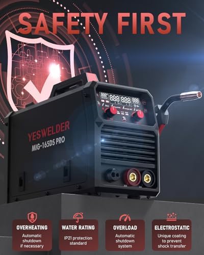 YESWELDER 165A MIG Welder  Flux Core MIG/Gas MIG/Lift TIG/Stick 4 in 1 Multi process Welding Machine  LED Digital Display Synergic Control 110V/220V Dual Voltage MIG 165DS PRO