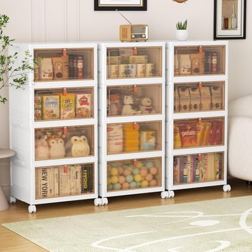 YFXCVSL 4 Tier Plastic Storage Bins with Lid 28QT   Stackable Storage Containers with Wheels  Folding Storage Boxes  Collapsible Storage Bins  Closet Organizers and Storage