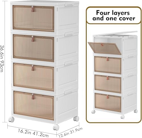 YFXCVSL 4 Tier Plastic Storage Bins with Lid 28QT   Stackable Storage Containers with Wheels  Folding Storage Boxes  Collapsible Storage Bins  Closet Organizers and Storage