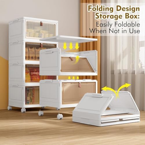 YFXCVSL 4 Tier Plastic Storage Bins with Lid 28QT   Stackable Storage Containers with Wheels  Folding Storage Boxes  Collapsible Storage Bins  Closet Organizers and Storage