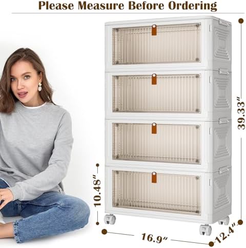 YFXCVSL 4 Tier Plastic Storage Bins with Lid 36QT  Stackable Storage Containers with Wheels  Folding Storage Boxes  Stackable Storage Bins  Organizers and Storage for Living Room Office Dorm