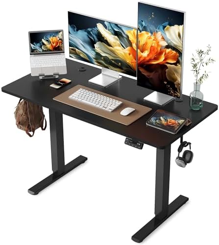 YIHAYO Electric Standing Desk  48 x 24 Inches Stand Up Desk with Splice Board  Adjustable Height Desk  Computer Desk for Home Office  Black Frame/Rustic Brown Top