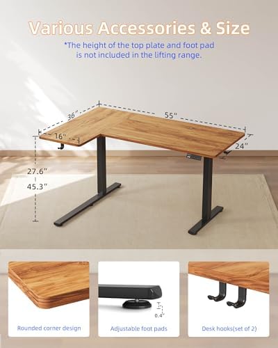 YIHAYO Reversiable L Shaped Electric Standing Desk  55 Inches Stand Up Corner Desk  Sit and Stand Up for Work Office Home  Ergonomic Rising Computer Table with Splice Board  Rustic Brown