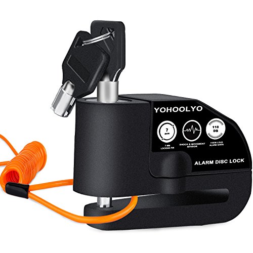 YOHOOLYO Alarm Disc Lock Motorcycle Disc Brake Lock Anti Theft Waterproof 110 dB 7mm Pin 5ft Reminder Cable for Motorcycles Bike Scooter Carry Pouch  Black 
