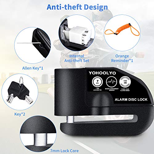 YOHOOLYO Alarm Disc Lock Motorcycle Disc Brake Lock Anti Theft Waterproof 110 dB 7mm Pin 5ft Reminder Cable for Motorcycles Bike Scooter Carry Pouch  Black 