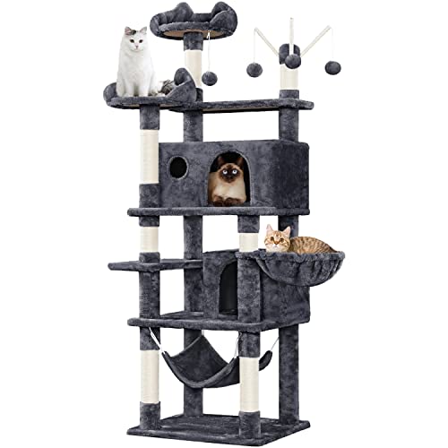 Yaheetech Cat Tower  67in Condos with 3 Removable Kitty Teaser Sticks  Hammock  Scratching Posts  Basket for Indoor Large Kittens  Multi Level  Dark Gray