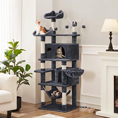 Yaheetech Cat Tower  67in Condos with 3 Removable Kitty Teaser Sticks  Hammock  Scratching Posts  Basket for Indoor Large Kittens  Multi Level  Dark Gray