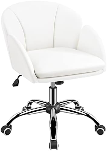 Yaheetech White Desk Chair Vanity Chair with Back Modern Faux Leather Swivel Rolling Office Computer Armchair for Living Room  Bedroom